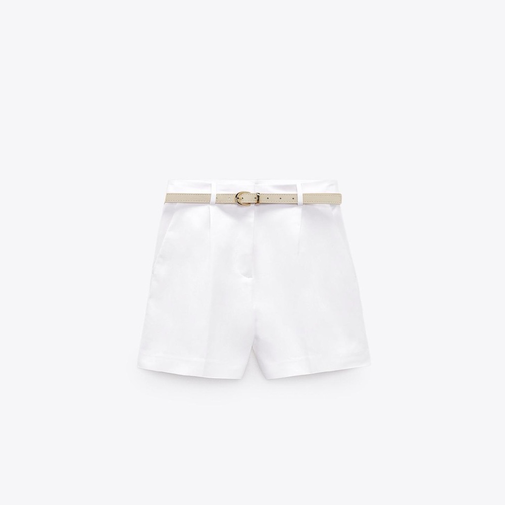 Zara High Waist White Shorts with Tan Belt